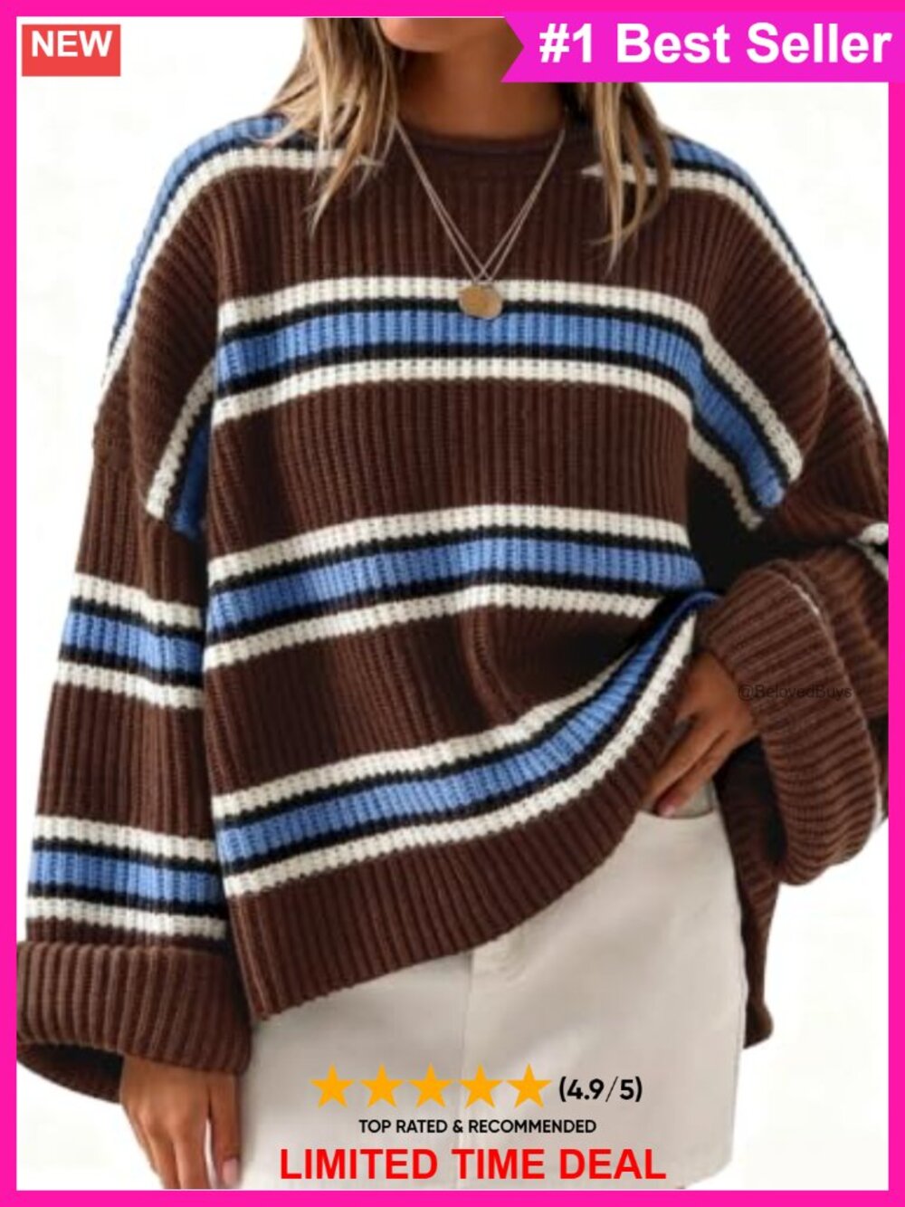 Oversized Striped Knit Pullover Sweater Flared Long Sleeve Crew Neck